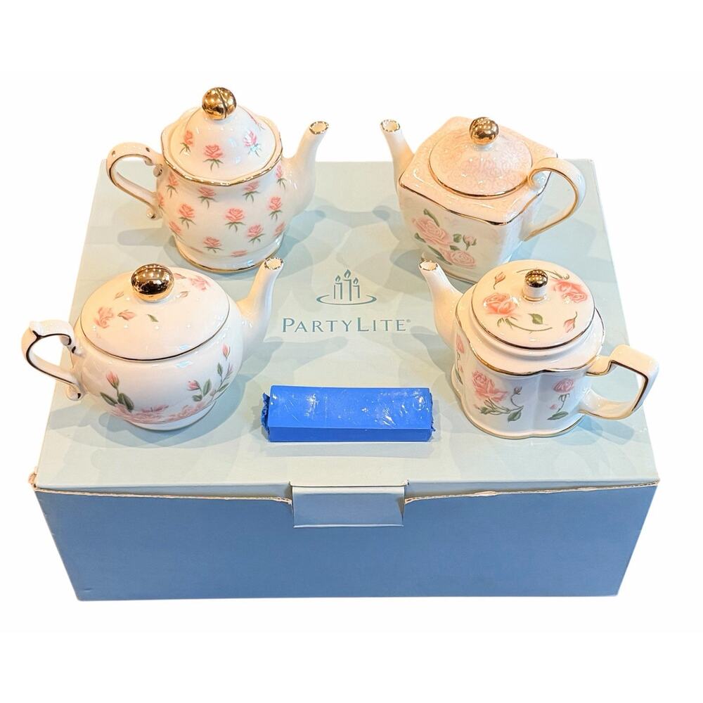 Partylite (Rare) Romantic Chic Tea Pot Set Tea Light Holders W/ Brass Inserts